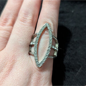 Silver Tone Clear Rhinestone Marquise Shape Statement Ring - Size 8 Adjustable